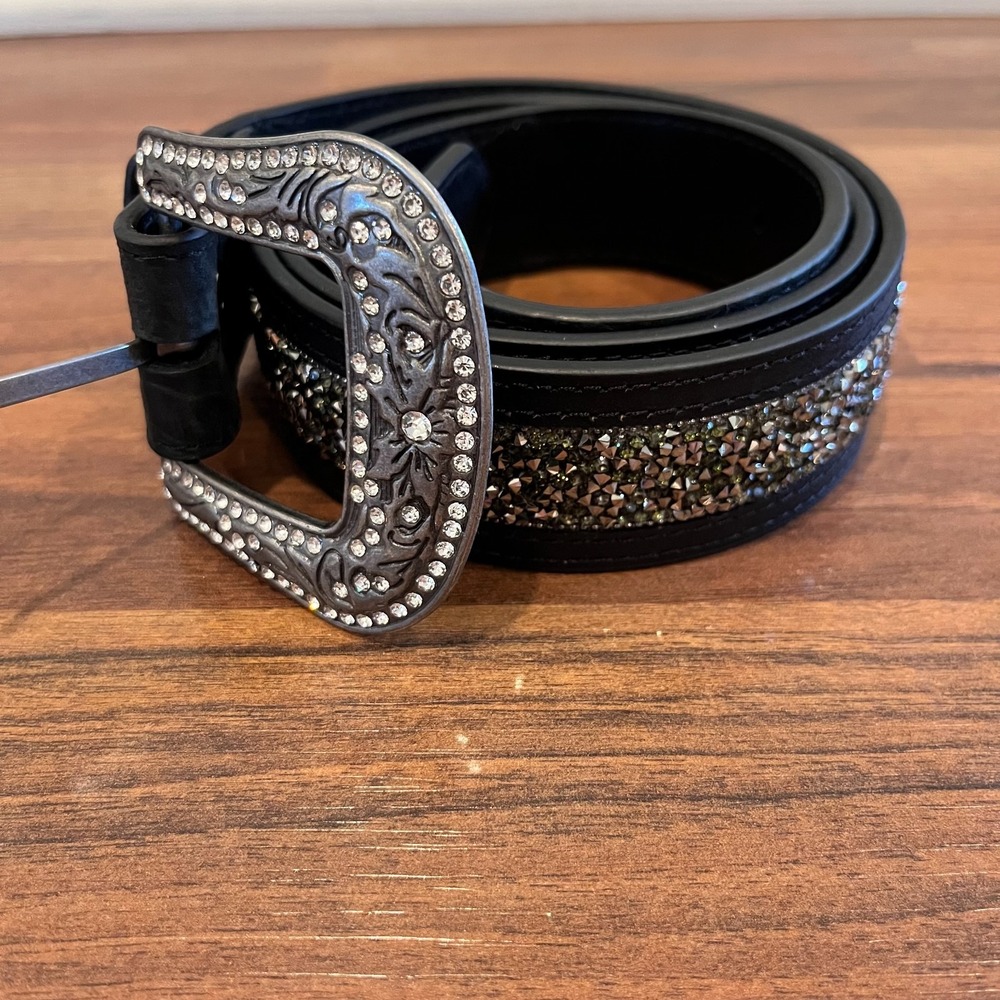 Shyanne Women's Black Leather Belt Size L Rhinestones Buckle Bling Western Rodeo